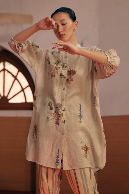 Cord Ivory Linen Hand Painted Botanical Print And Stripe Pattern Oracle Tunic Online at Aza Fashions Cord_Ivory Linen Hand Painted Botanical Print And Stripe Pattern Oracle Tunic_Online_at_Aza_Fashions