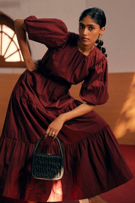 Buy_Cord_Maroon Cotton, Poplin Plain Round Audrey Tiered Dress_Online_at_Aza_Fashions
