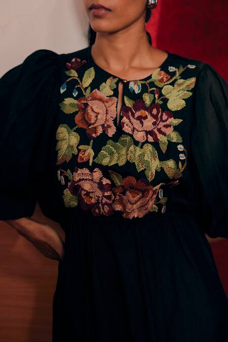 Buy_Cord_Black Linen Cross Stitch, Floral Round Emma Embroidered Dress_Online_at_Aza_Fashions