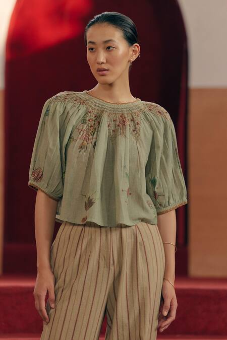 Cord_Green 100% Cotton Botanical Print And Lace Work Round Rose Crop Top_Online_at_Aza_Fashions