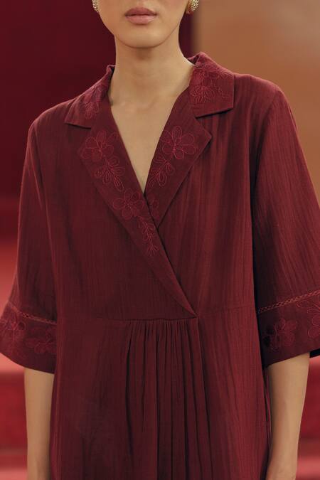 Cord_Maroon 100% Cotton Thread And Crochet Lace Notched Lapel Collar Dress_Online_at_Aza_Fashions