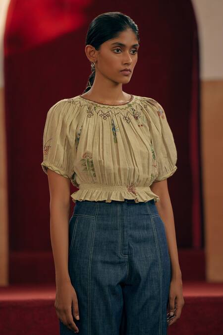 Cord Ivory 100 % Cotton Botanical Round Ada Print Top