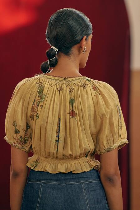 Shop Cord Yellow 100 % Cotton Botanical Round Ada Print Top at Aza Fashions Shop_Cord_Yellow 100 % Cotton Botanical Round Ada Print Top_at_Aza_Fashions