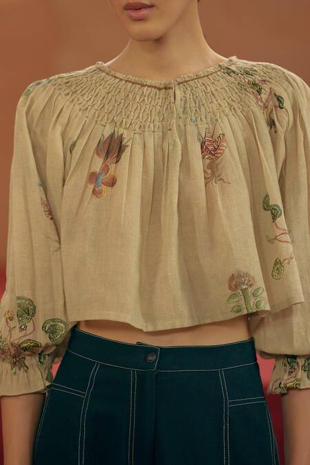 Cord_Ivory 100 % Cotton Botanical Round Edith Print Top_Online_at_Aza_Fashions