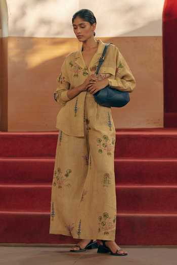 Cord_Yellow Linen Botanical Print Notch Collar Shirt_Online_at_Aza_Fashions
