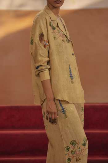 Buy_Cord_Yellow Linen Botanical Print Notch Collar Shirt_Online_at_Aza_Fashions