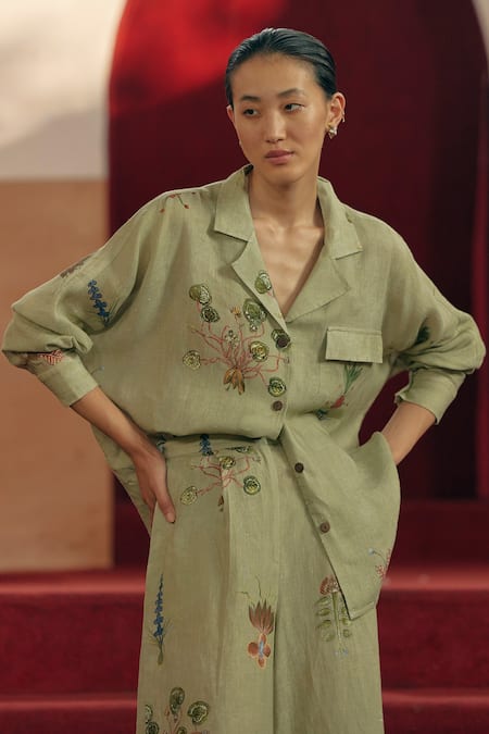 Cord Green Linen Botanical Notch Collar Shirt 