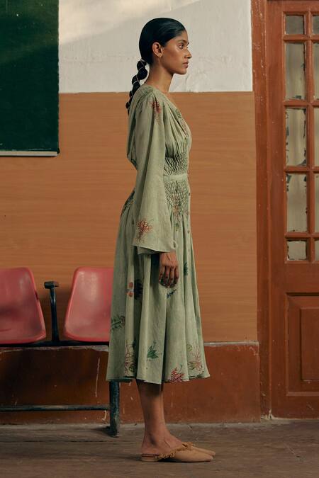 Cord_Green Linen Botanical Print V Neck Juliet Dress_Online_at_Aza_Fashions
