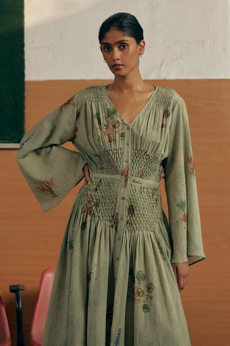 Shop_Cord_Green Linen Botanical Print V Neck Juliet Dress_Online_at_Aza_Fashions
