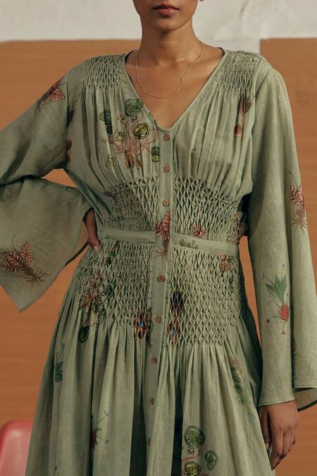 Cord_Green Linen Botanical Print V Neck Juliet Dress_at_Aza_Fashions