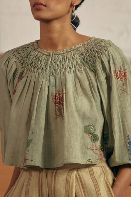 Cord_Blue 100 % Cotton Botanical Round Edith Print Top_Online_at_Aza_Fashions