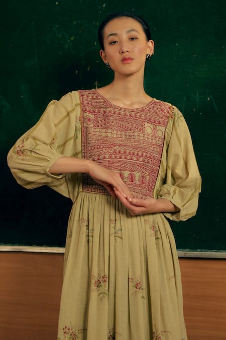 Cord_Beige 100% Cotton Regent Print And Thread Work Round River Dress _Online_at_Aza_Fashions