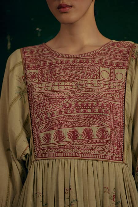 Buy_Cord_Beige 100% Cotton Regent Print And Thread Work Round River Dress _Online_at_Aza_Fashions