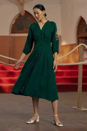 Women Green Mandarin Neck Embroidered Yoke Placket A-Line Dress