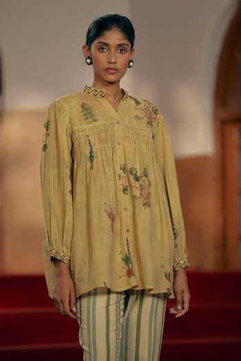 Cord_Yellow 100 % Cotton Botanical Mandarin Collar Austen Print Top_Online_at_Aza_Fashions