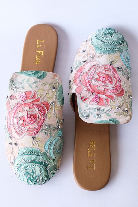 LA Fiza_Beige Floral Print Zaara Mules _Online_at_Aza_Fashions