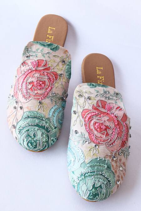 Shop_LA Fiza_Beige Floral Print Zaara Mules _Online_at_Aza_Fashions