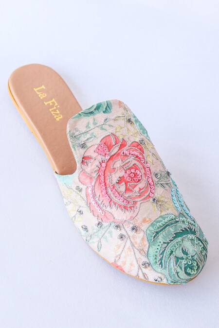 LA Fiza_Beige Floral Print Zaara Mules _at_Aza_Fashions
