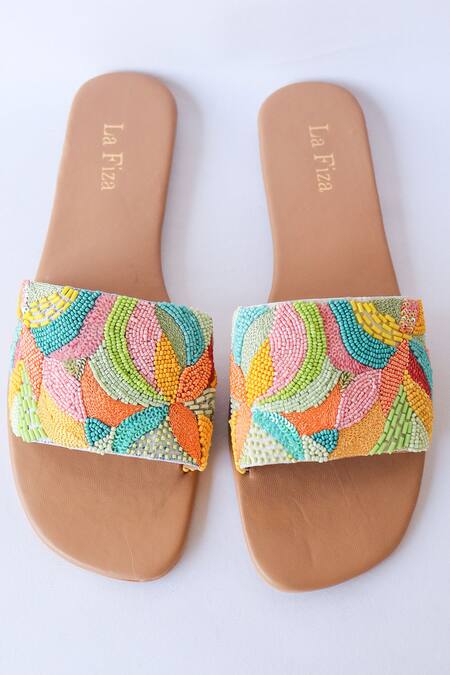LA Fiza_Multi Color Bead Eta Embellished Sliders _Online_at_Aza_Fashions