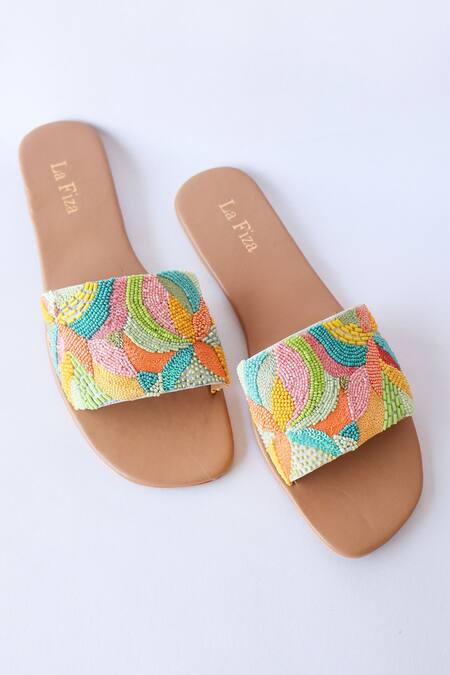 Buy_LA Fiza_Multi Color Bead Eta Embellished Sliders _Online_at_Aza_Fashions