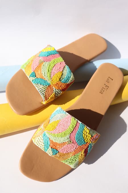 Shop_LA Fiza_Multi Color Bead Eta Embellished Sliders _Online_at_Aza_Fashions