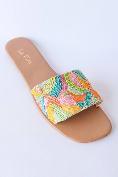 LA Fiza_Multi Color Bead Eta Embellished Sliders _at_Aza_Fashions