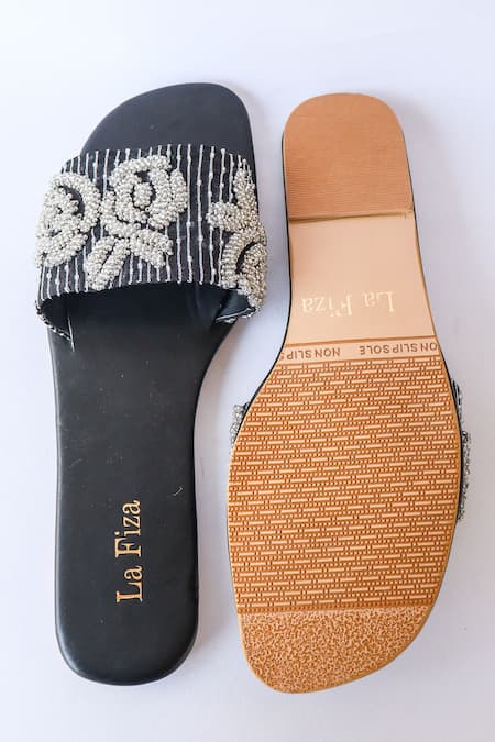 Shop_LA Fiza_Black Bead And Metallic Work Anya Embellished Sliders _at_Aza_Fashions