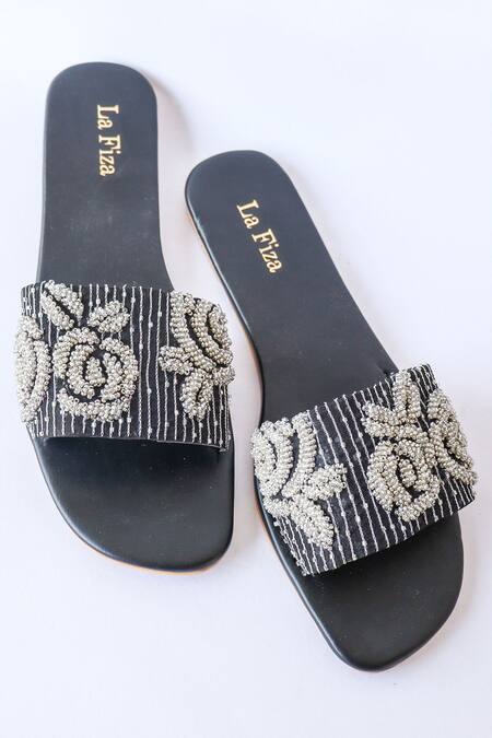LA Fiza_Black Bead And Metallic Work Anya Embellished Sliders _Online_at_Aza_Fashions