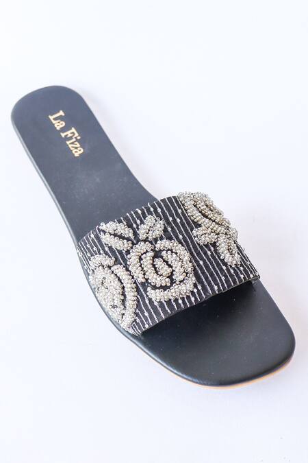 Shop_LA Fiza_Black Bead And Metallic Work Anya Embellished Sliders _Online_at_Aza_Fashions