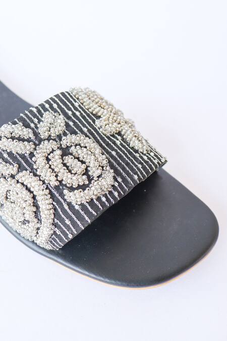 LA Fiza_Black Bead And Metallic Work Anya Embellished Sliders _at_Aza_Fashions