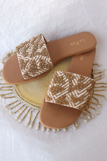 La Fiza Gold Bead Work Aahana Embellished Sliders 