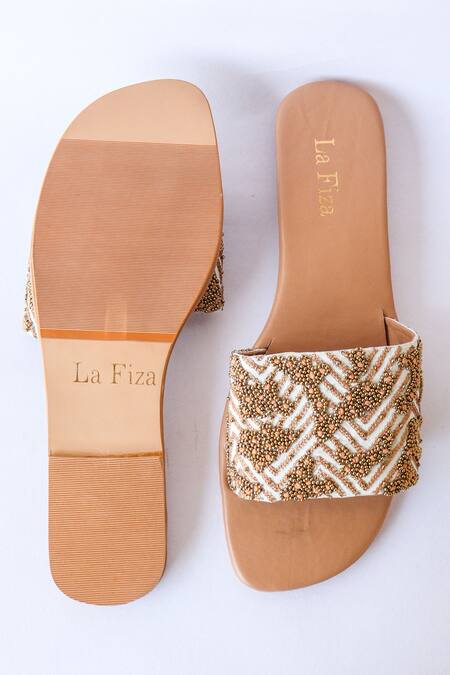 Shop_LA Fiza_Gold Aahana Embellished Sliders_at_Aza_Fashions