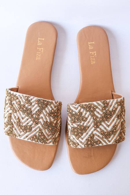 Buy_LA Fiza_Gold Aahana Embellished Sliders_Online_at_Aza_Fashions
