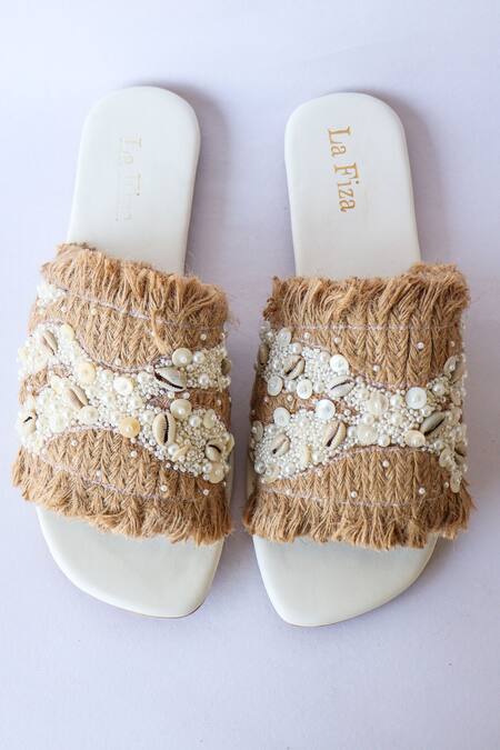 LA Fiza_Brown Autumn Embellished Sliders_Online_at_Aza_Fashions