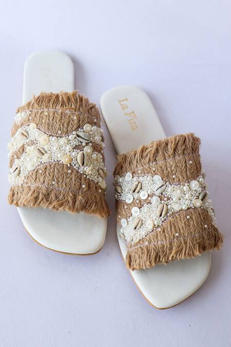 Buy_LA Fiza_Brown Autumn Embellished Sliders_Online_at_Aza_Fashions