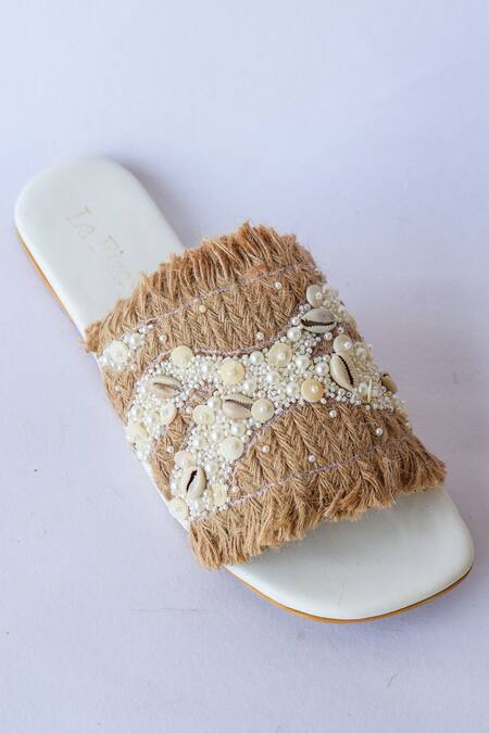 Shop_LA Fiza_Brown Autumn Embellished Sliders_Online_at_Aza_Fashions