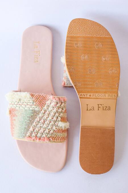 Shop_La Fiza_Multi Color Thread And Bead Work Aria Embellished Sliders _at_Aza_Fashions