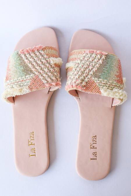 La Fiza_Multi Color Thread And Bead Work Aria Embellished Sliders _Online_at_Aza_Fashions