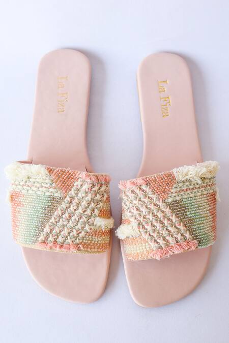 Buy_La Fiza_Multi Color Thread And Bead Work Aria Embellished Sliders _Online_at_Aza_Fashions