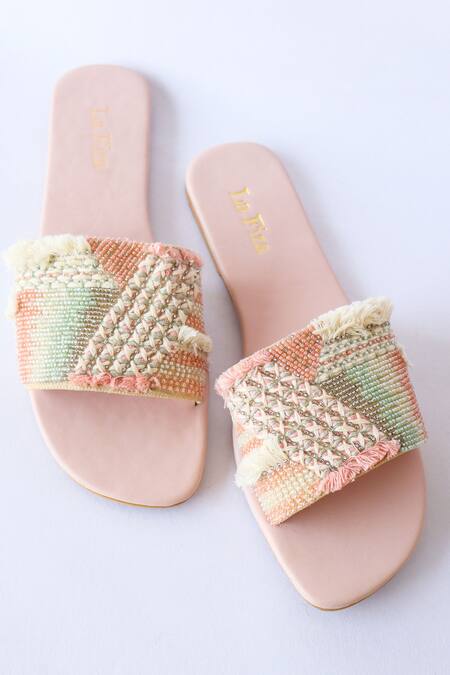 Shop_La Fiza_Multi Color Thread And Bead Work Aria Embellished Sliders _Online_at_Aza_Fashions