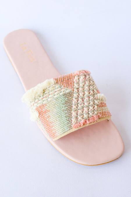La Fiza_Multi Color Thread And Bead Work Aria Embellished Sliders _at_Aza_Fashions