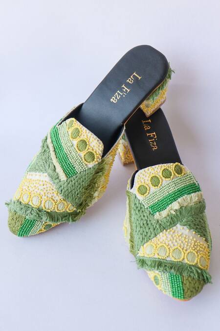 LA Fiza_Green Beads, Embroidery Thread And Work Heels_Online_at_Aza_Fashions