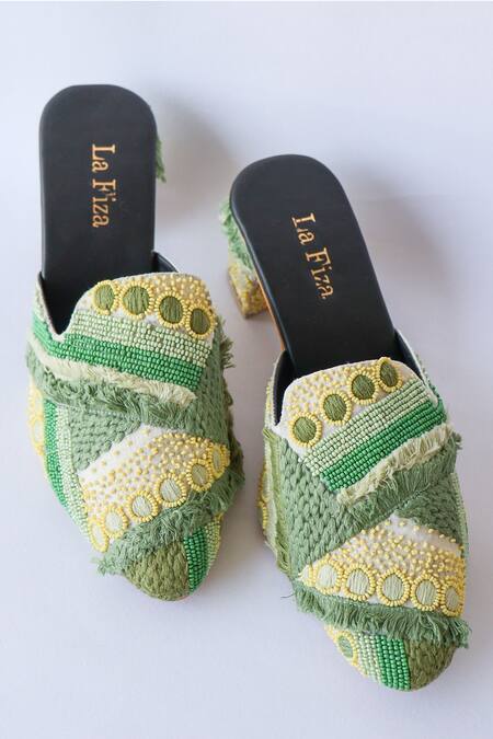 Buy_LA Fiza_Green Beads, Embroidery Thread And Work Heels_Online_at_Aza_Fashions
