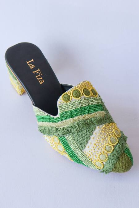Shop_LA Fiza_Green Beads, Embroidery Thread And Work Heels_Online_at_Aza_Fashions