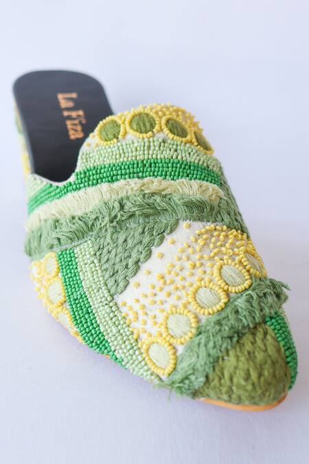 LA Fiza_Green Beads, Embroidery Thread And Work Heels_at_Aza_Fashions