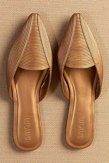 Ampm_Gold Cord Work Scalloped Mules _Online_at_Aza_Fashions
