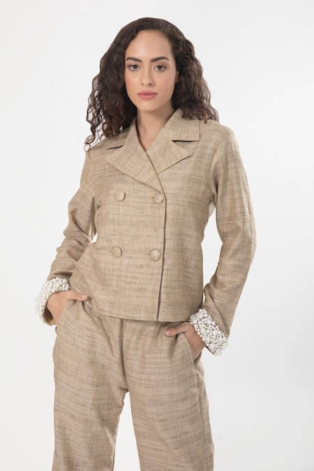 Buy_House Of Thl_Beige Cotton Hessain Pearls Notched Diana Double-breasted Jacket And Pant Set _Online_at_Aza_Fashions