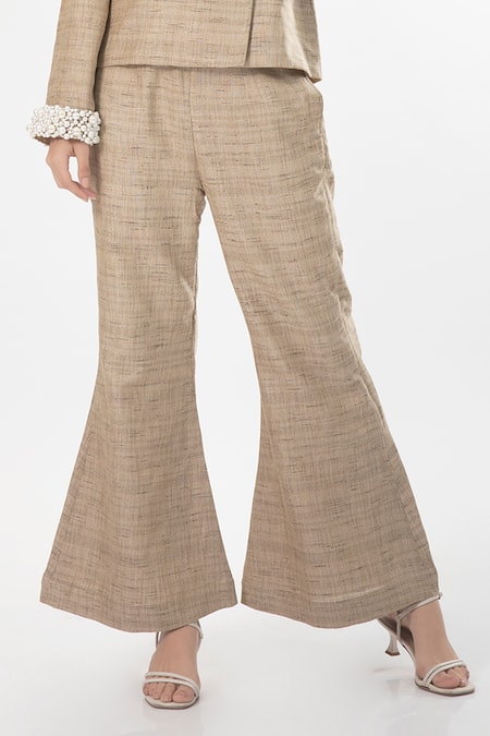 Shop_House Of Thl_Beige Cotton Hessain Pearls Notched Diana Double-breasted Jacket And Pant Set _Online_at_Aza_Fashions