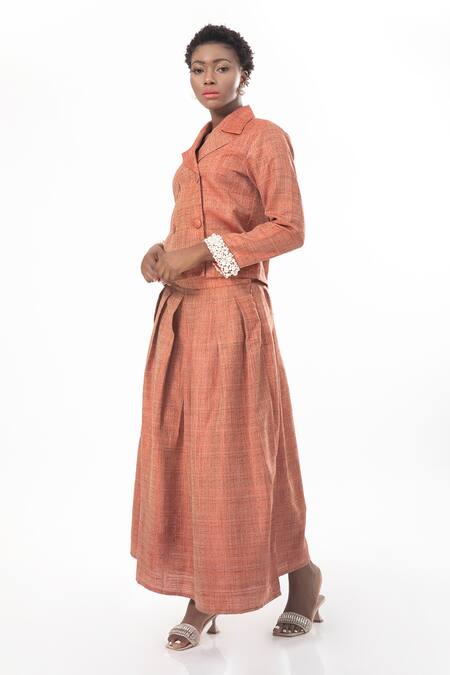 House Of Thl_Orange Cotton Hessain Pearls Notched Diana Double-breasted Jacket And Skirt Set _Online_at_Aza_Fashions