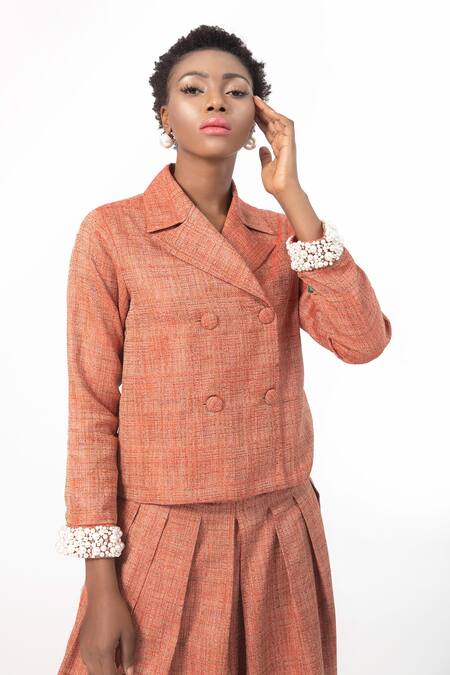 Buy_House Of Thl_Orange Cotton Hessain Pearls Notched Diana Double-breasted Jacket And Skirt Set _Online_at_Aza_Fashions